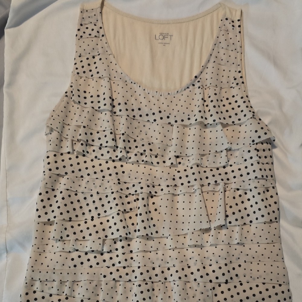LOFT Ruffle Tank Top - Cream and Black Dots